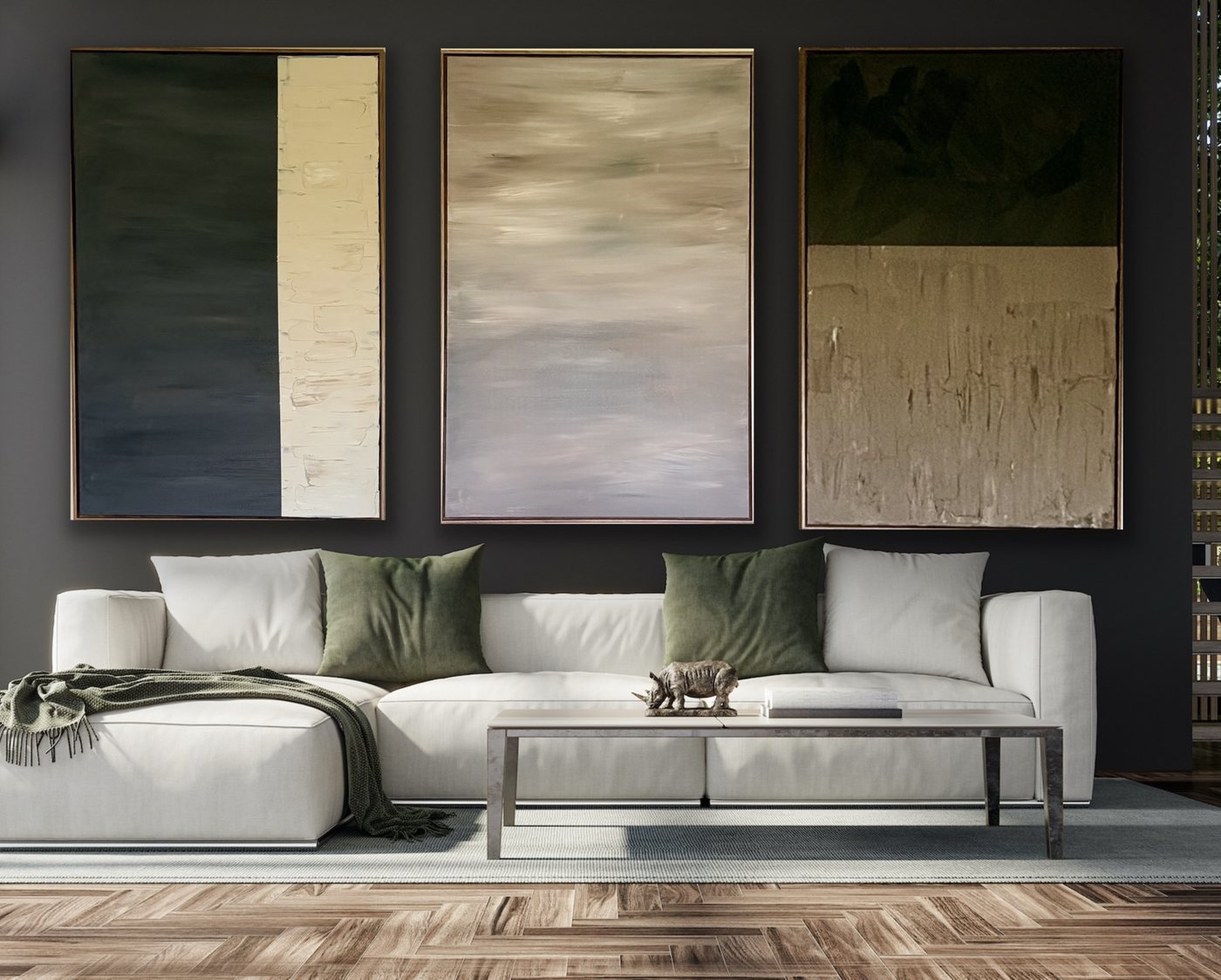 Custom three-piece commission installed above a client's living room sofa