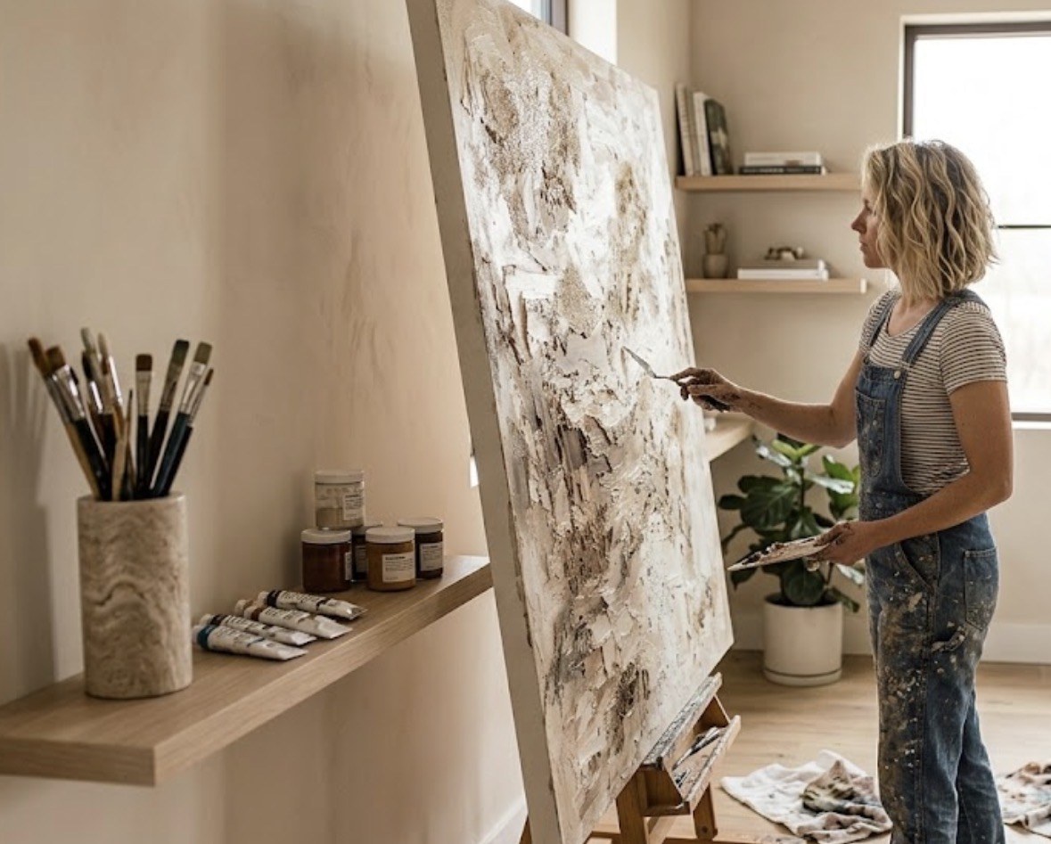 Applying a layer of hand-built texture to a large canvas in a bright studio