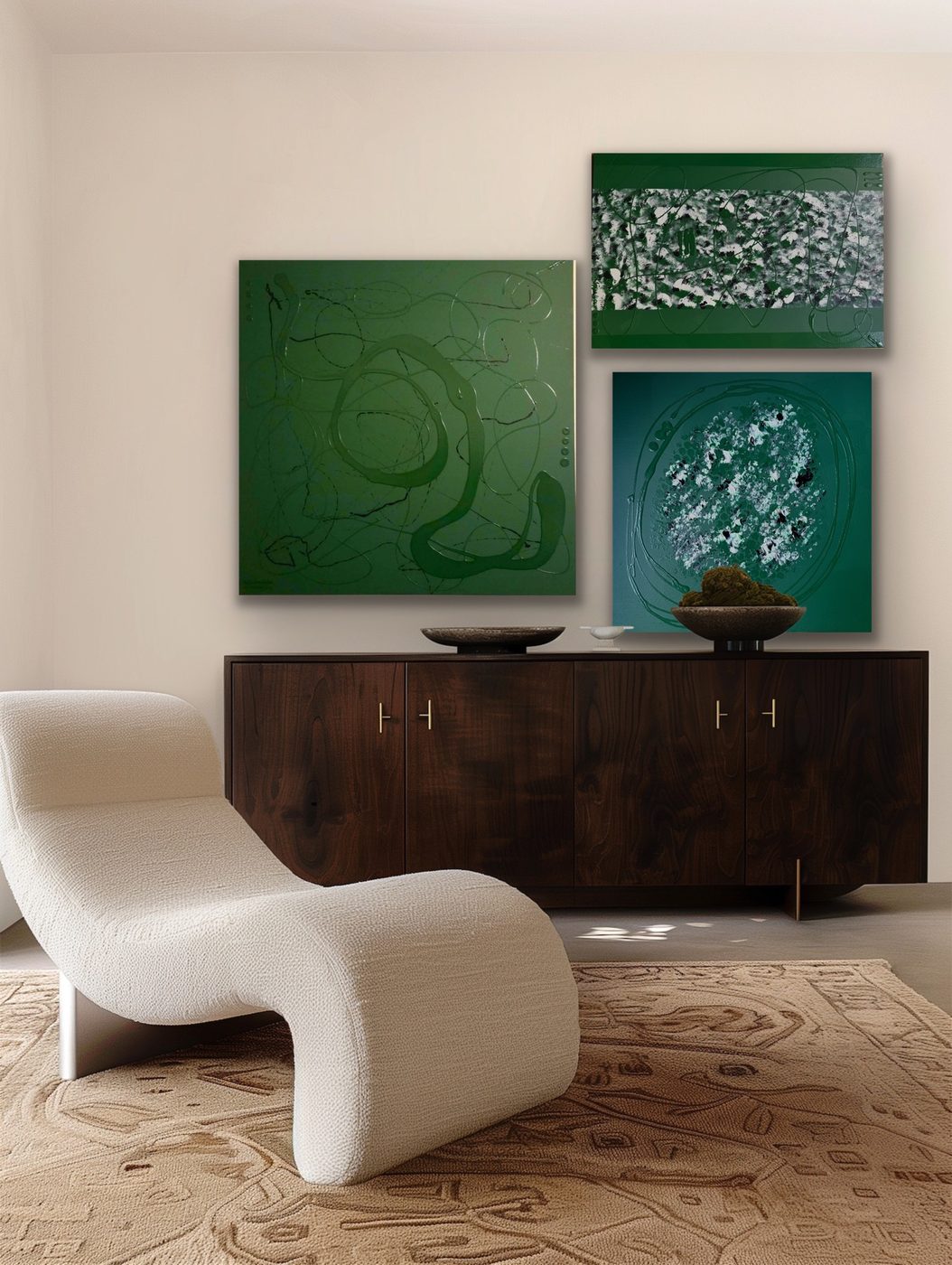 Custom three-piece commission installed above a client's walnut credenza