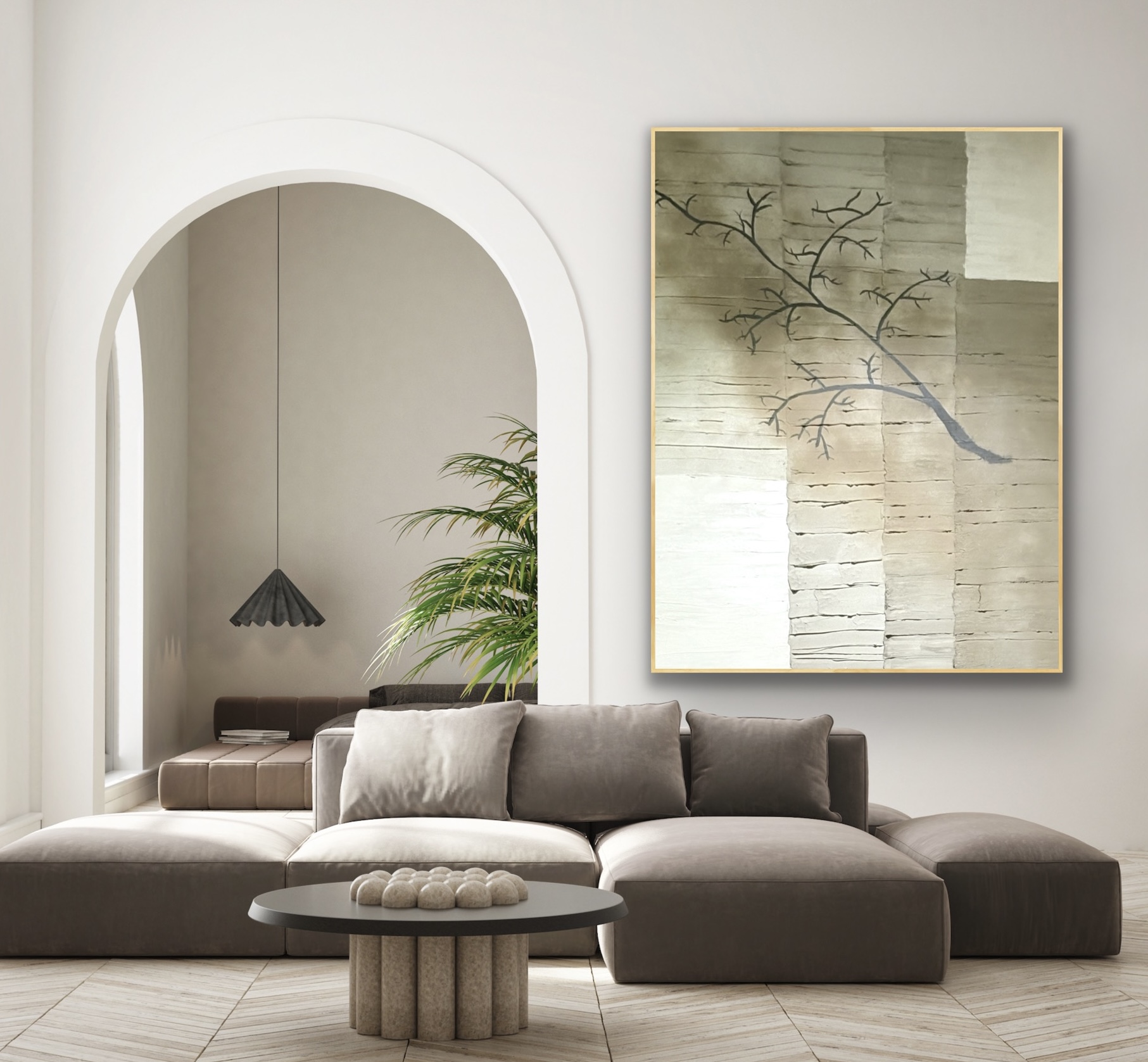 Custom original with a branch motif commissioned for a client's living room