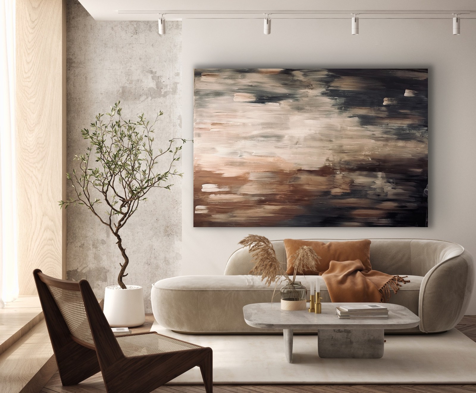 A large-scale neutral-toned textured painting displayed in a living room